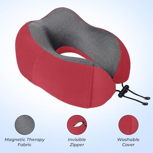 Billebon Neck Pillow for Travel – Comfortable Memory Foam Support, U-Shape Ergonomic Design, Portable for Flight Journeys, Lightweight Compact Build, Soft Washable Cover (Red with Eye Mask) - Image 2