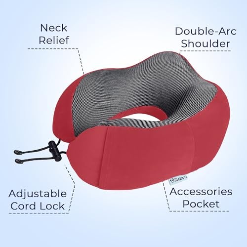 Billebon Neck Pillow for Travel – Comfortable Memory Foam Support, U-Shape Ergonomic Design, Portable for Flight Journeys, Lightweight Compact Build, Soft Washable Cover (Red with Eye Mask) - Image 5