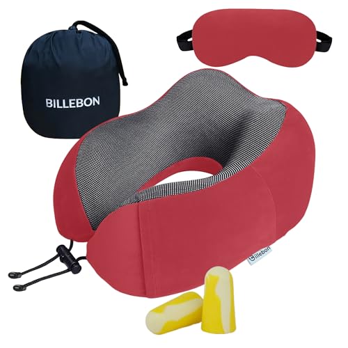 Billebon Neck Pillow for Travel – Comfortable Memory Foam Support, U-Shape Ergonomic Design, Portable for Flight Journeys, Lightweight Compact Build, Soft Washable Cover (Red with Eye Mask) - Image 1