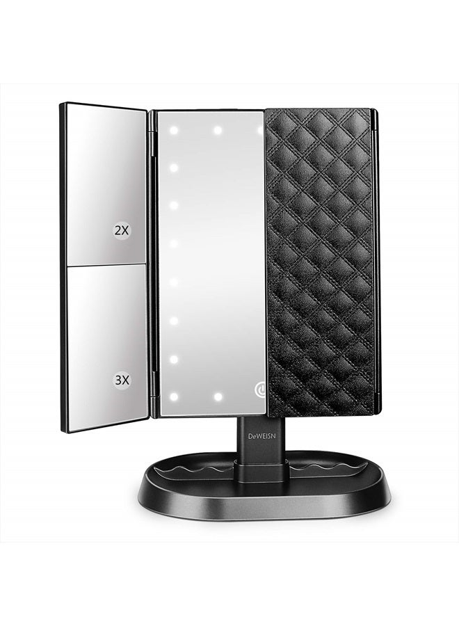DeWEISN Trifold Lighted Vanity Makeup Mirror with 21 LEDs Lights,1x/2x/3x Magnification and Touch Screen Dimming,Two Power Supplies Makeup Mirror, Gift for Women - Image 1