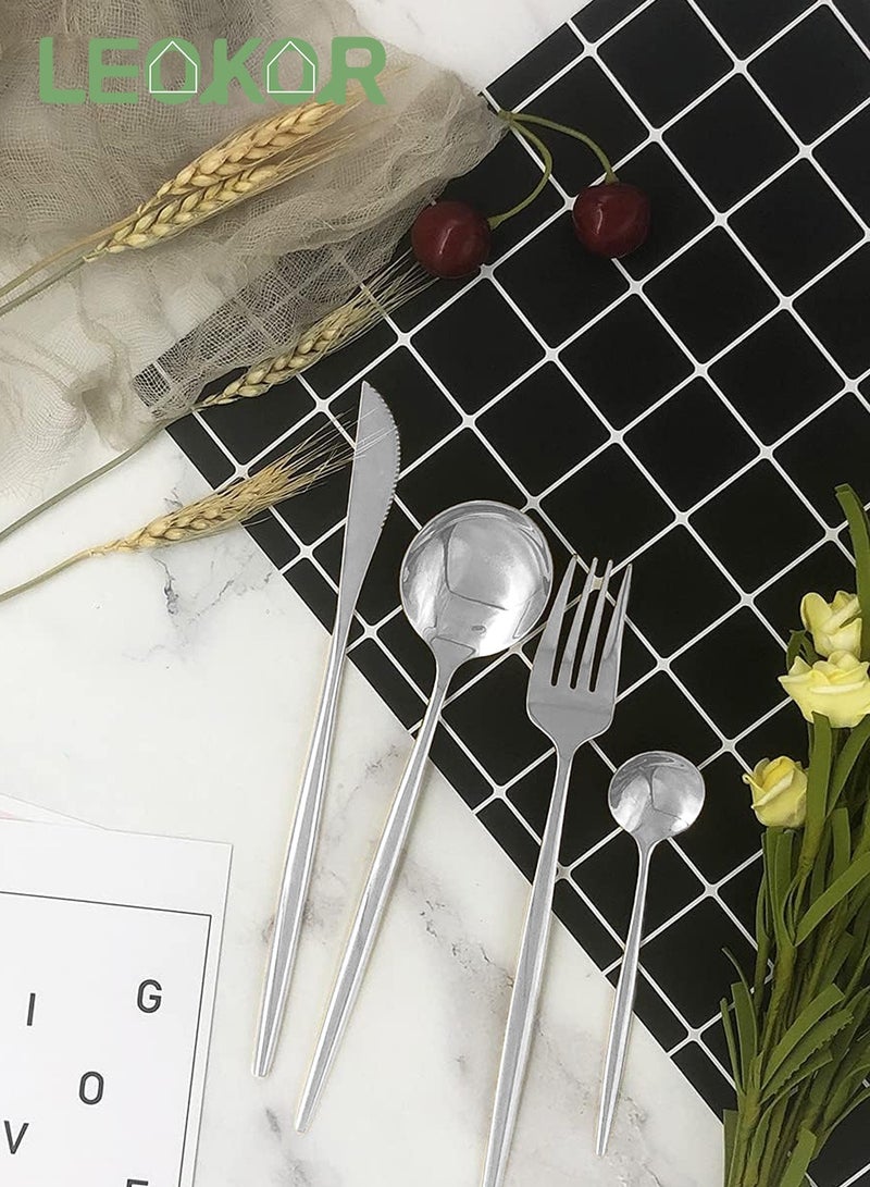 LEOKOR طقم أدوات مائدة 24 قطعة مع سكاكين وملاعق وشوك طقم أدوات مائدة ستانلس ستيل لـ 6 أشخاص فضي - Image 4