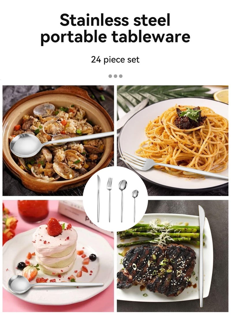 LEOKOR طقم أدوات مائدة 24 قطعة مع سكاكين وملاعق وشوك طقم أدوات مائدة ستانلس ستيل لـ 6 أشخاص فضي - Image 5