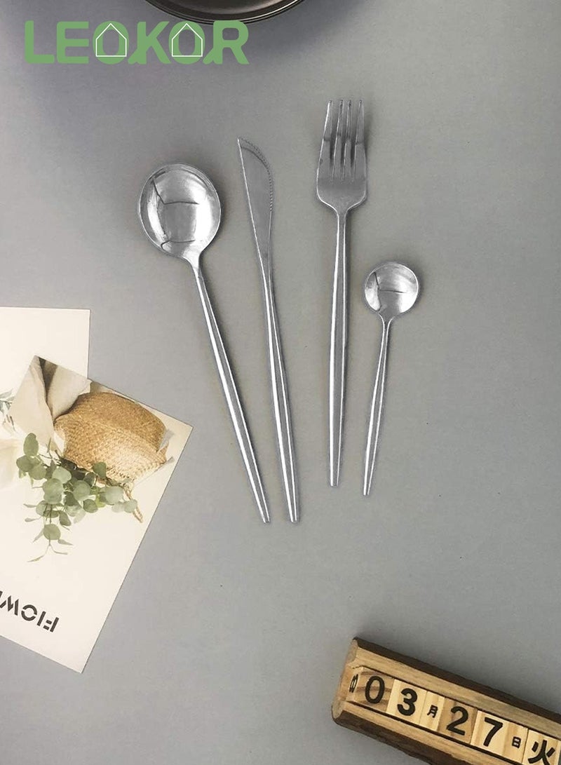 LEOKOR طقم أدوات مائدة 24 قطعة مع سكاكين وملاعق وشوك طقم أدوات مائدة ستانلس ستيل لـ 6 أشخاص فضي - Image 3