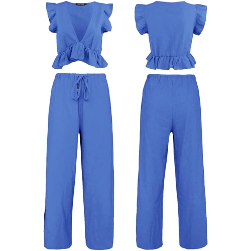 FANCYINN Womens Two Pieces Outfits Deep V Neck Crop Top Side Slit Drawstring Wide Leg Pants Set Jumpsuits Royal Blue L - Image 5