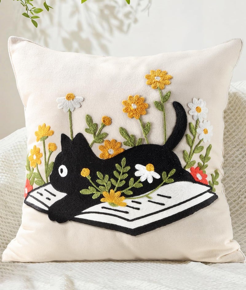 Kokaaee Embroidered Throw Pillow Cover 18x18 Inch - Spring Boho Decorative Animal Pillow Covers with Zipper for Couch Sofa Bedroom Living Room Cushion Pillowcase, Cat Floral - Image 1