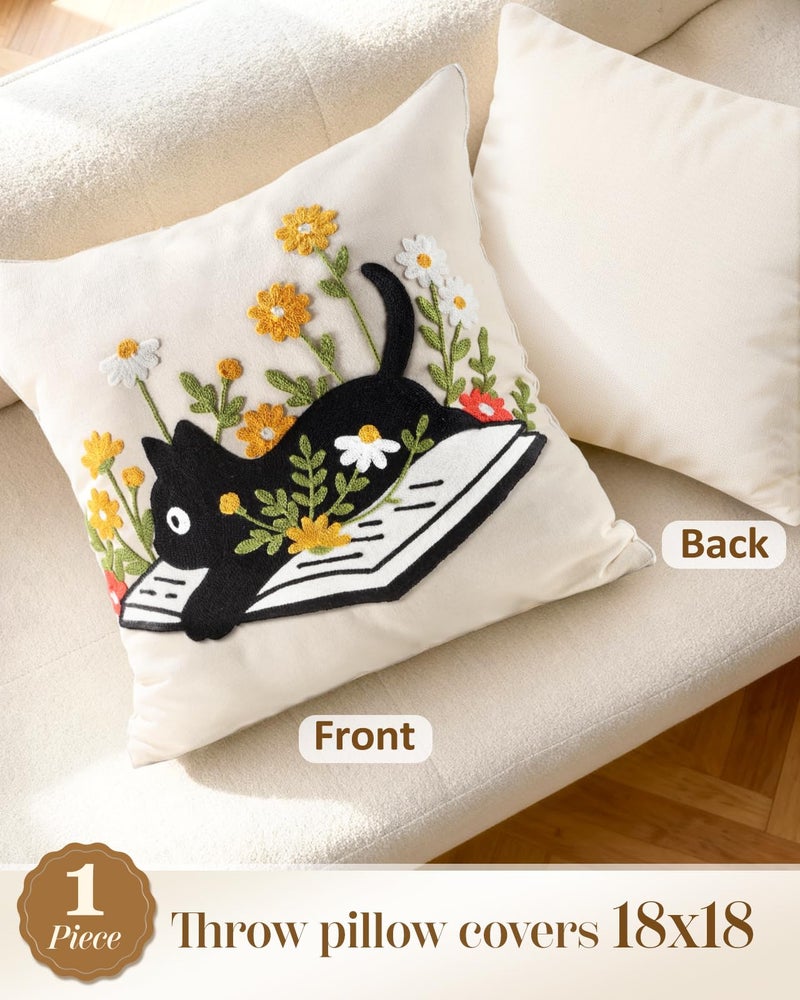 Kokaaee Embroidered Throw Pillow Cover 18x18 Inch - Spring Boho Decorative Animal Pillow Covers with Zipper for Couch Sofa Bedroom Living Room Cushion Pillowcase, Cat Floral - Image 4