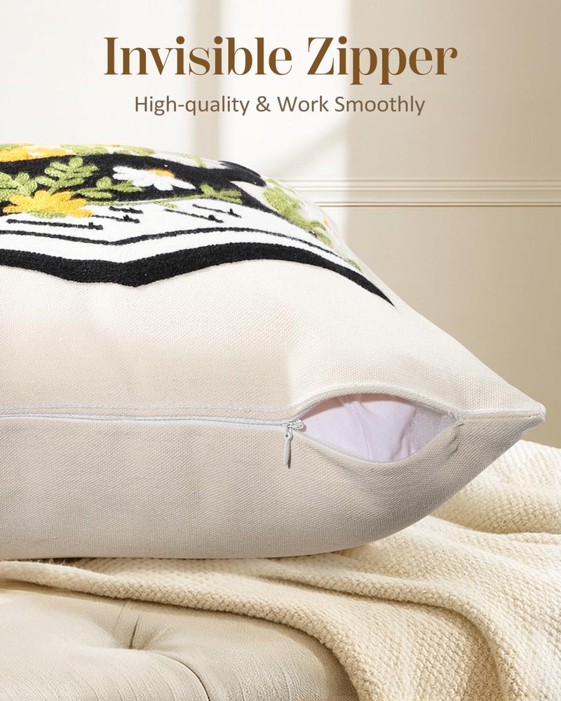 Kokaaee Embroidered Throw Pillow Cover 18x18 Inch - Spring Boho Decorative Animal Pillow Covers with Zipper for Couch Sofa Bedroom Living Room Cushion Pillowcase, Cat Floral - Image 3