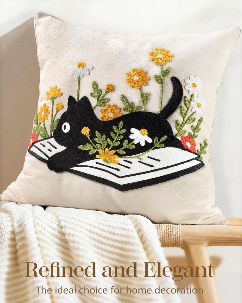 Kokaaee Embroidered Throw Pillow Cover 18x18 Inch - Spring Boho Decorative Animal Pillow Covers with Zipper for Couch Sofa Bedroom Living Room Cushion Pillowcase, Cat Floral - Image 5