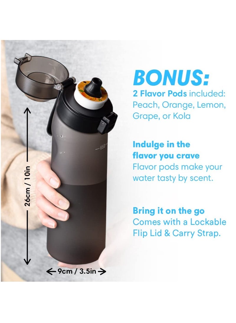 SYOSI - Flavored Water Bottle With Straw — 650mL Flavouring Water Bottle With 2 Flavor Pods Included, Flip Lid & Wide-Mouth Cap, Carry Strap, Leakproof, BPA Free, Black, Gym, Fitness - Image 1