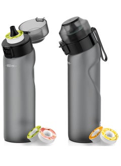 Flavored Water Bottle With Straw — 650mL Flavouring Water Bottle With 2 Flavor Pods Included, Flip Lid & Wide-Mouth Cap, Carry Strap, Leakproof, BPA Free, Black, Gym, Fitness