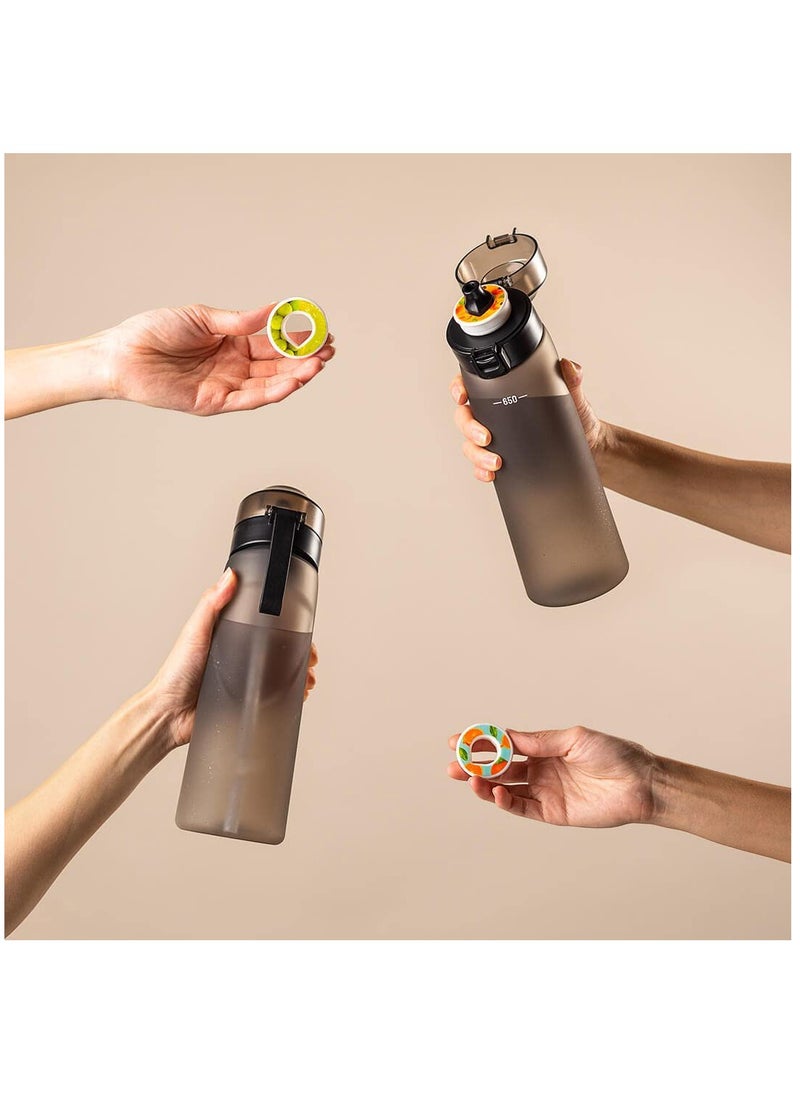 SYOSI - Flavored Water Bottle With Straw — 650mL Flavouring Water Bottle With 2 Flavor Pods Included, Flip Lid & Wide-Mouth Cap, Carry Strap, Leakproof, BPA Free, Black, Gym, Fitness - Image 1