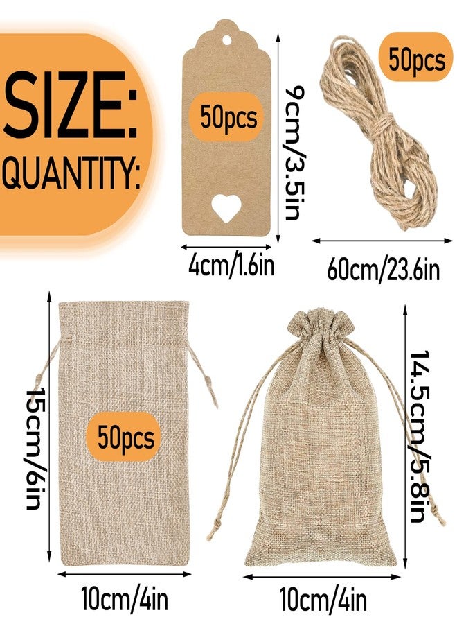 BMMN 50pcs Premium Burlap Gift Bags with Drawstring and 25Pcs Gift Tags & String, 4x6 Inch Reusable Gift Burlap Linen Sacks Bag, for Wedding Party, Jewelry Pouches, Kids Birthday, Christmas, Coffee, DIY Craft - Image 2