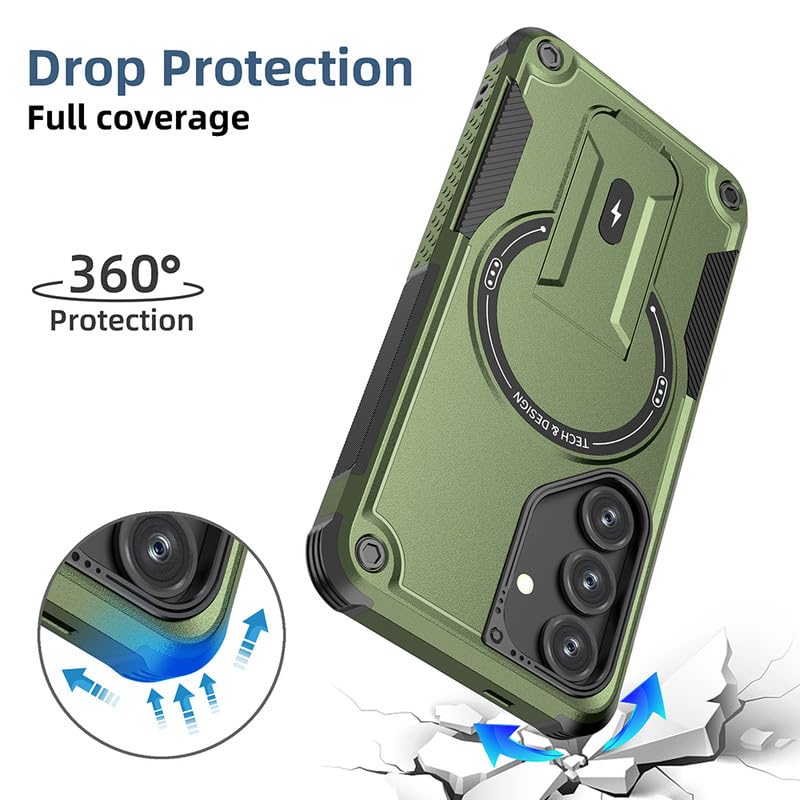 US LITE Back Cover for Samsung Galaxy S25 with Portable Kickstand | Mag-Safe Compatible Magnetic Case | Shockproof Military Grade Protection | Extreme Protection Phone Cover – Green - Image 3