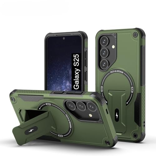 US LITE Back Cover for Samsung Galaxy S25 with Portable Kickstand | Mag-Safe Compatible Magnetic Case | Shockproof Military Grade Protection | Extreme Protection Phone Cover – Green - Image 1