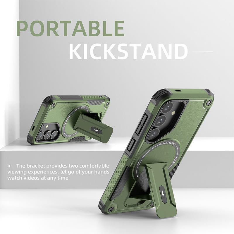 US LITE Back Cover for Samsung Galaxy S25 with Portable Kickstand | Mag-Safe Compatible Magnetic Case | Shockproof Military Grade Protection | Extreme Protection Phone Cover – Green - Image 5
