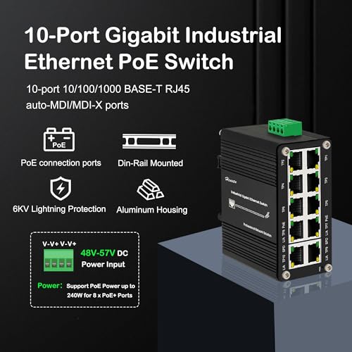 Hereta Industrial Hardened 10 Port Gigabit Ethernet PoE Switch, 8-Port 802.3at PoE+, 2 Uplink Ethernet Din Rail Switch, 20Gbps Switch Fabric, PoE Budget 240W for IP Camera,IP Phone,Wireless AP - Image 4
