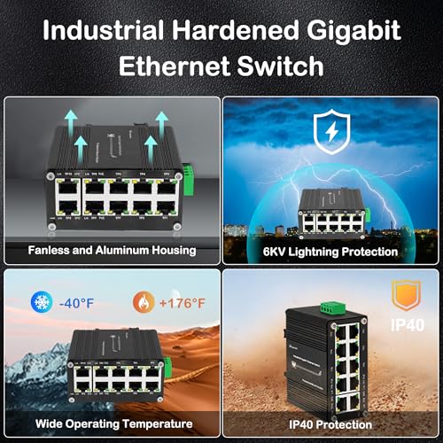 Hereta Industrial Hardened 10 Port Gigabit Ethernet PoE Switch, 8-Port 802.3at PoE+, 2 Uplink Ethernet Din Rail Switch, 20Gbps Switch Fabric, PoE Budget 240W for IP Camera,IP Phone,Wireless AP - Image 5