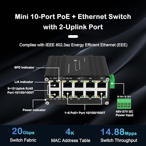 Hereta Industrial Hardened 10 Port Gigabit Ethernet PoE Switch, 8-Port 802.3at PoE+, 2 Uplink Ethernet Din Rail Switch, 20Gbps Switch Fabric, PoE Budget 240W for IP Camera,IP Phone,Wireless AP - Image 2