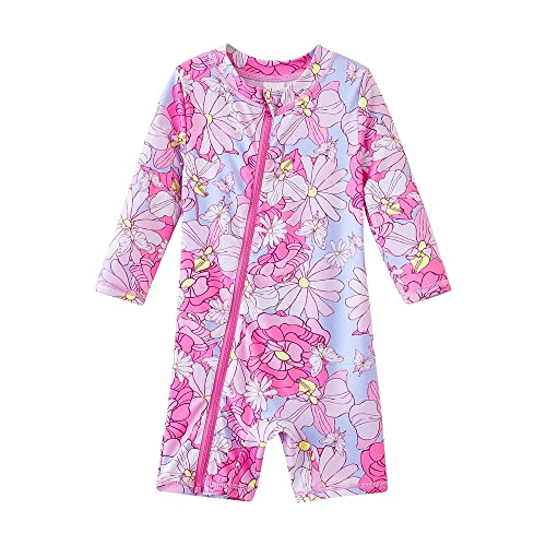 UMELOK Toddler Girls Swimsuit One Piece Full Zip with Long Sleeve UPF 50+ Sun Protection Swimwear Rash Guard Shirts Pink Flower,3Y - Image 2