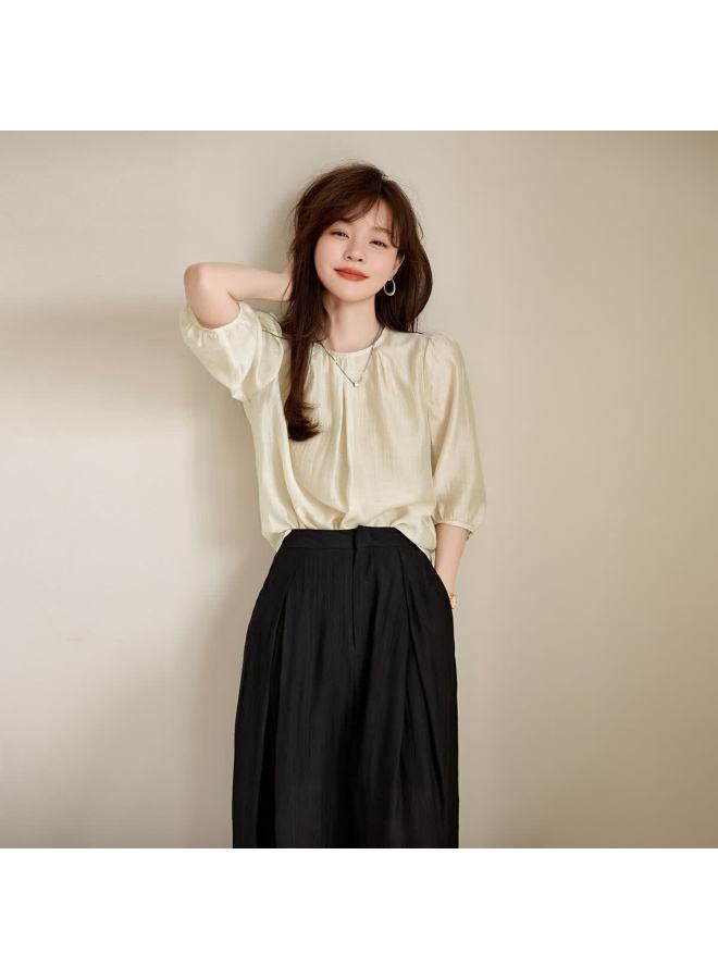 Mt Summer Pleated Round Neck Solid Color Elegant Mid-sleeve Blouse - Image 5
