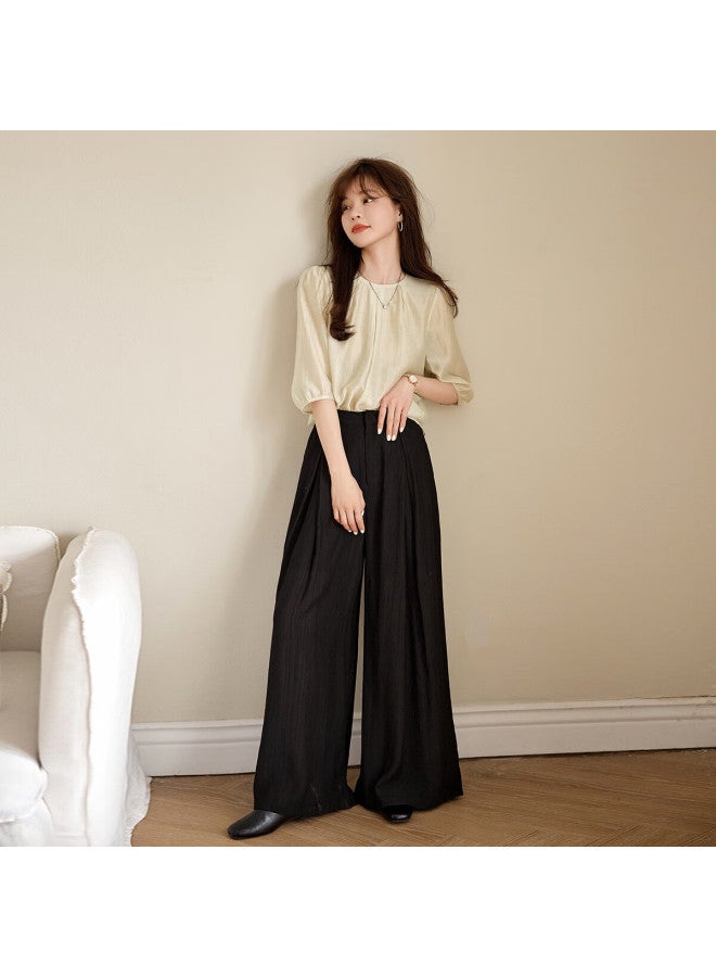 Mt Summer Pleated Round Neck Solid Color Elegant Mid-sleeve Blouse - Image 4