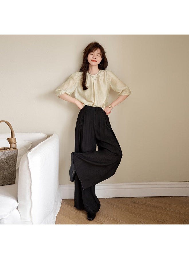 Mt Summer Pleated Round Neck Solid Color Elegant Mid-sleeve Blouse - Image 3