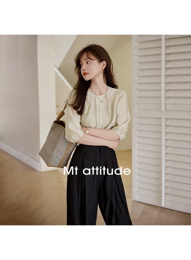 Mt Summer Pleated Round Neck Solid Color Elegant Mid-sleeve Blouse - Image 1