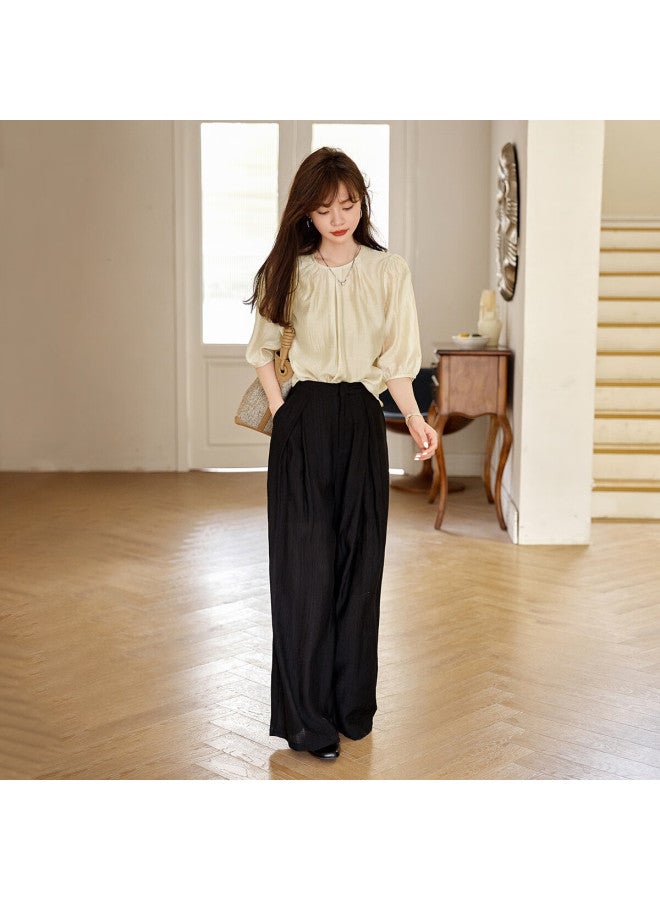 Mt Summer Pleated Round Neck Solid Color Elegant Mid-sleeve Blouse - Image 2