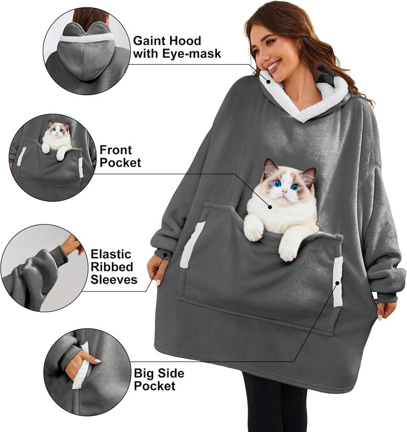 Gentlewarm Store Wearable Blanket Hoodie for Adults Women Men,Oversized Soft Warm Sherpa Fleece Hoodie with Pets Giant Pocket - Image 5