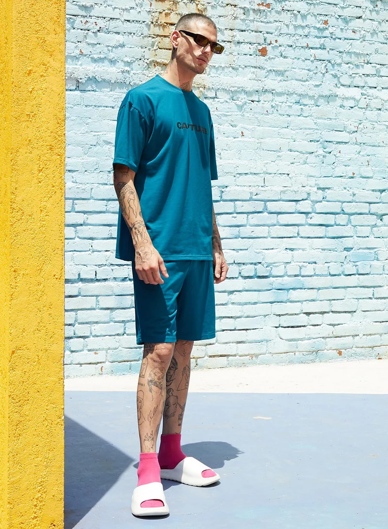 Campus Sutra Men's Teal Blue Contrast Print Co-Ord Set