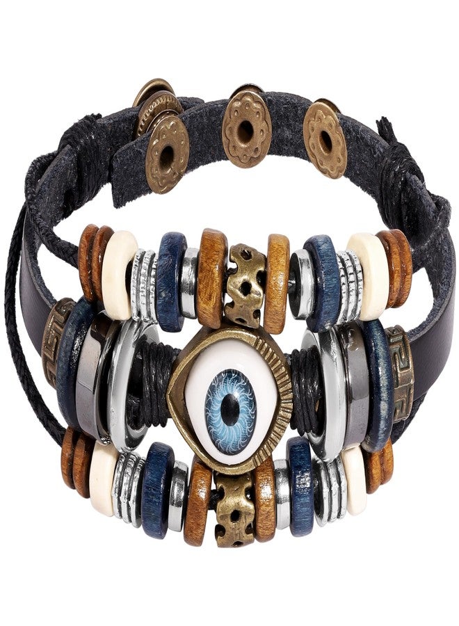 MINACHI Evil Eye Bead Layered Bracelets, Vintage Gothic Leather, Stacked Bracelet Set for Women - Image 1