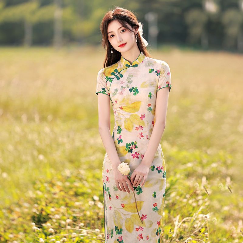 Fresh and elegant new Chinese style dress split national style summer 2024 new daily slim fit improved cheongsam atmosphere *dyeing and dyeing