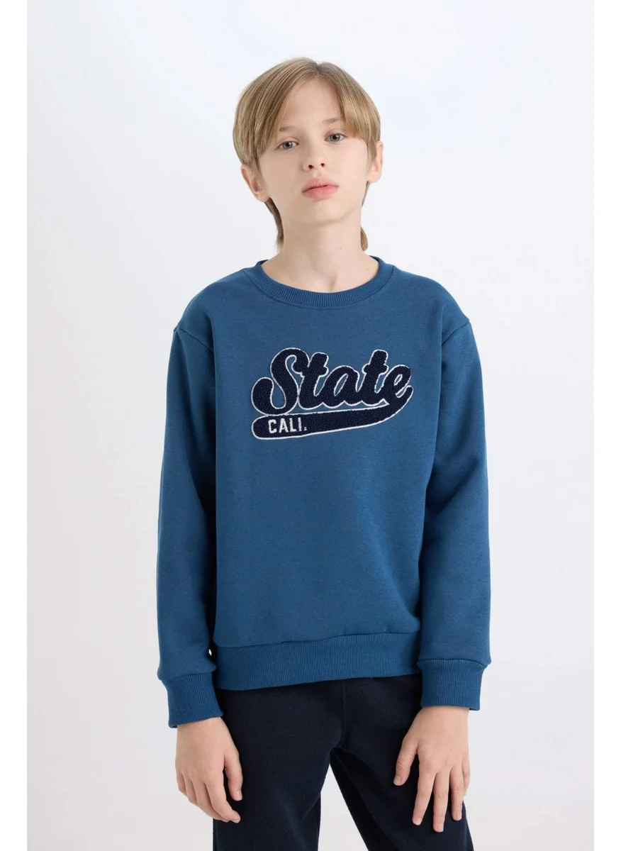 DeFacto Boy Navy Blue Regular Fit Crew Neck Embroidered Thick Sweatshirt D3053A824WN