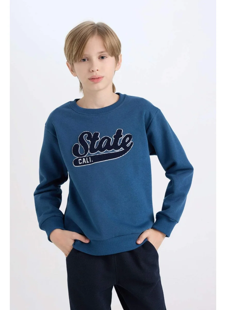 DeFacto Boy Navy Blue Regular Fit Crew Neck Embroidered Thick Sweatshirt D3053A824WN
