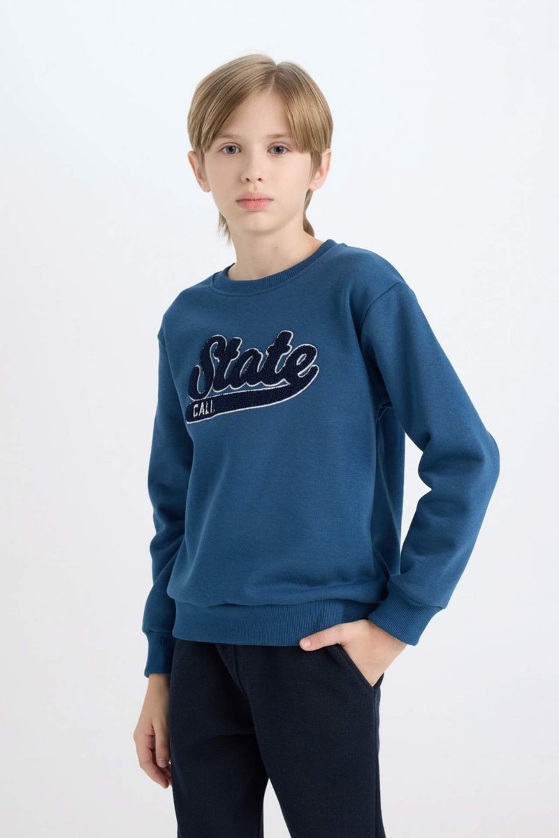 DeFacto Boy Navy Blue Regular Fit Crew Neck Embroidered Thick Sweatshirt D3053A824WN  - Image 3
