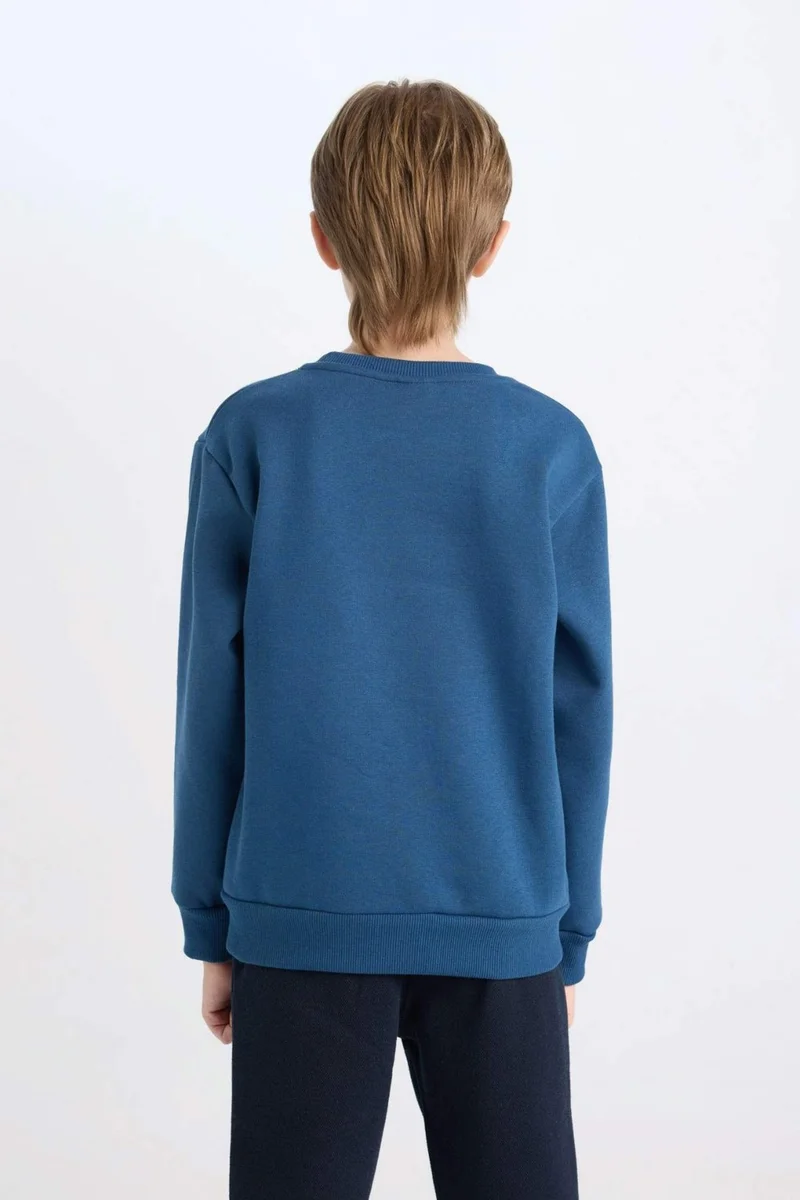 DeFacto Boy Navy Blue Regular Fit Crew Neck Embroidered Thick Sweatshirt D3053A824WN