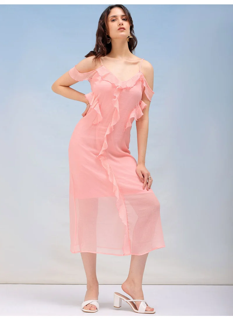 مرفوعة Women Casual A Line Solid Ruffle V-Neck Long Length Ruffle Dress