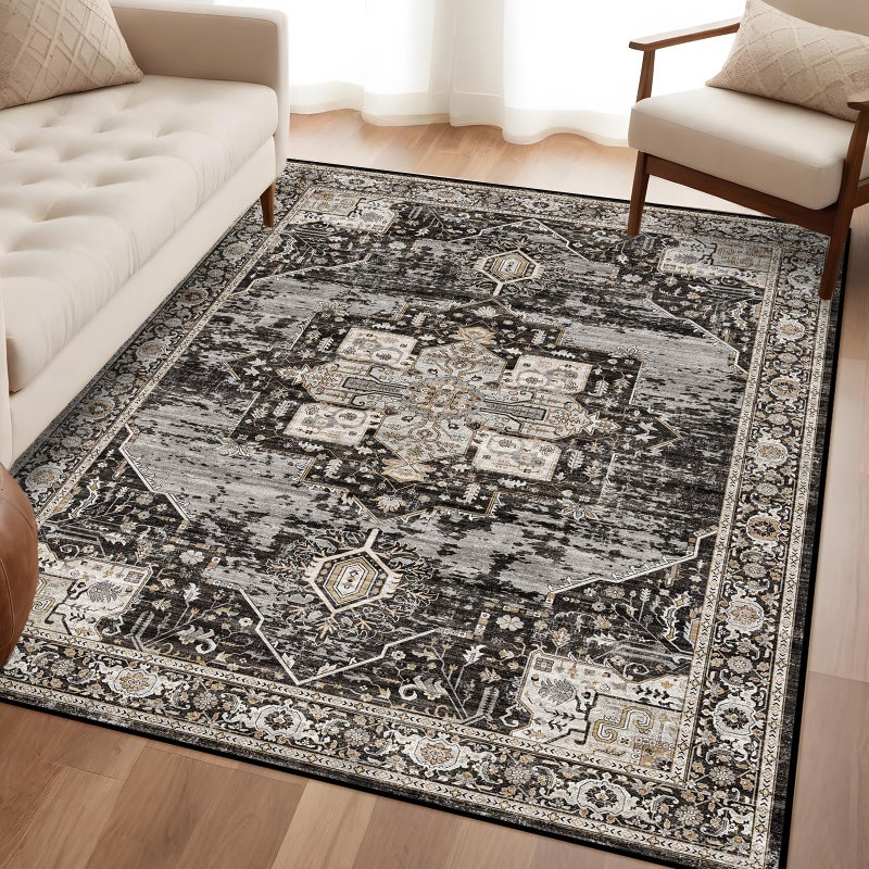 RUUGME Washable 4x6 Area Rugs - Soft Area Rug for Living Room Stain Resistant Carpet Vintage Indoor Ultra-Thin Rugs for Bedroom Kitchen entryway with Non Slip Backing Home Decor Small Mat 4X6 Black - Image 1