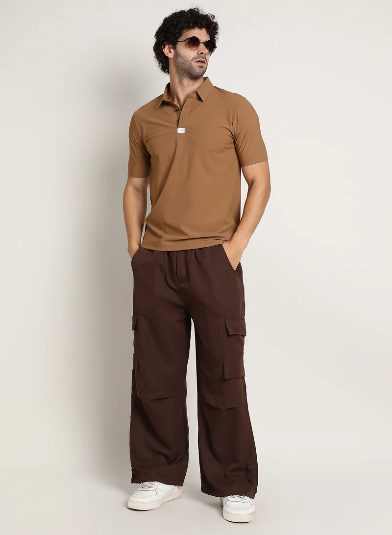 كامبوس سوترا Men's Tan Brown Seamless Waffle Polo T-Shirt