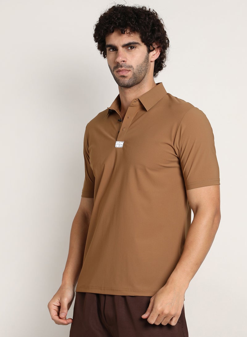 Campus Sutra Men's Tan Brown Seamless Waffle Polo T-Shirt - Image 3