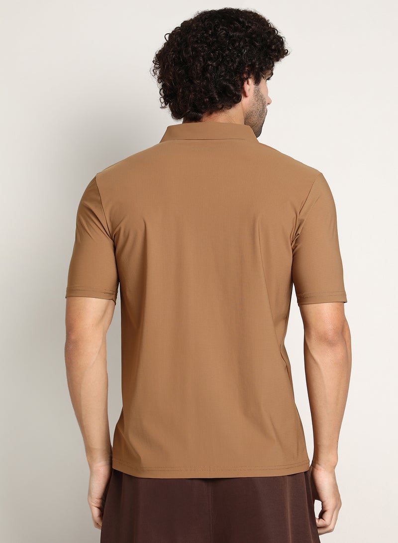 Campus Sutra Men's Tan Brown Seamless Waffle Polo T-Shirt - Image 5