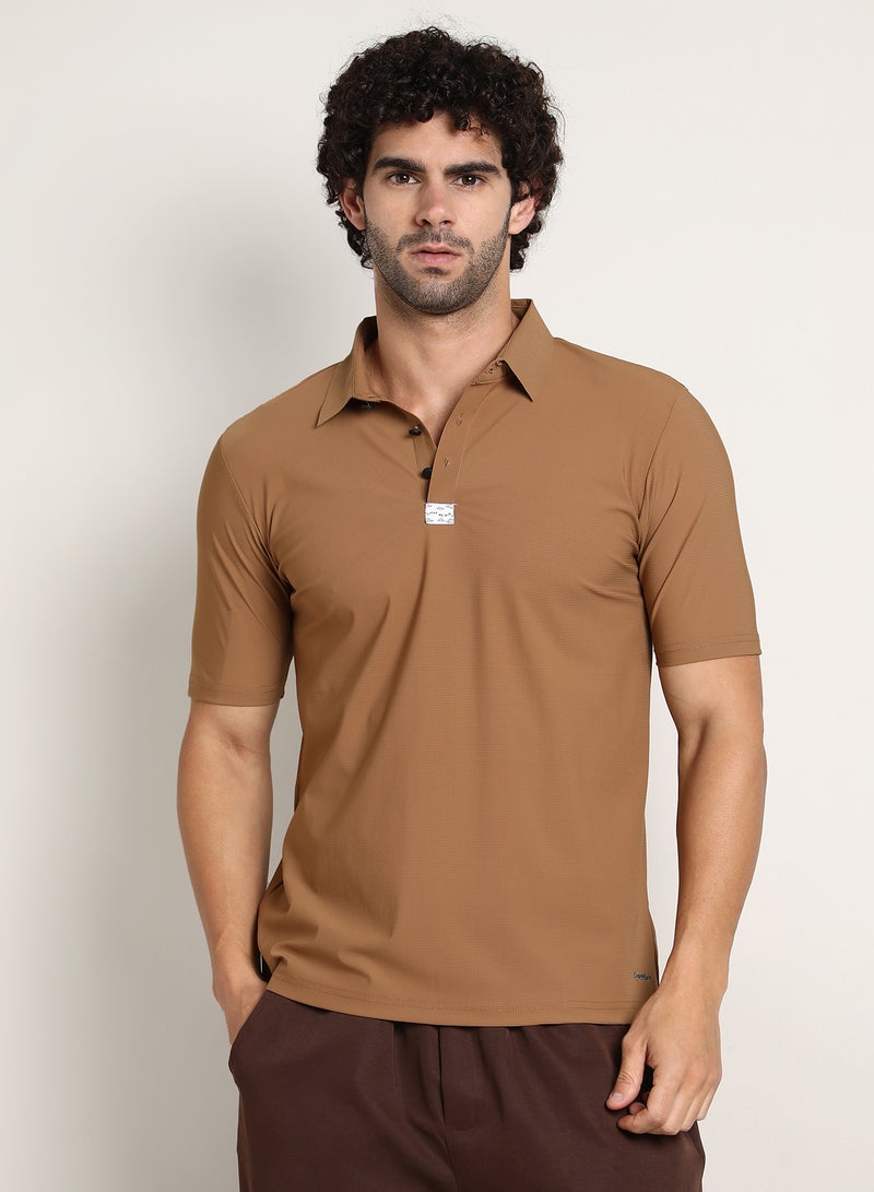Campus Sutra Men's Tan Brown Seamless Waffle Polo T-Shirt - Image 2