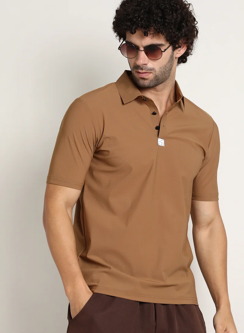 Campus Sutra Men's Tan Brown Seamless Waffle Polo T-Shirt