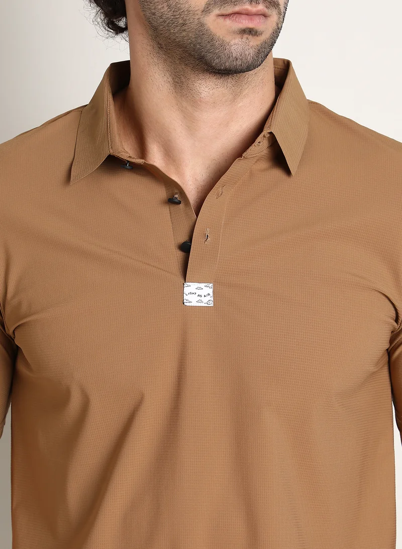 كامبوس سوترا Men's Tan Brown Seamless Waffle Polo T-Shirt