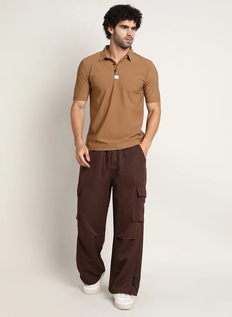 كامبوس سوترا Men's Tan Brown Seamless Waffle Polo T-Shirt