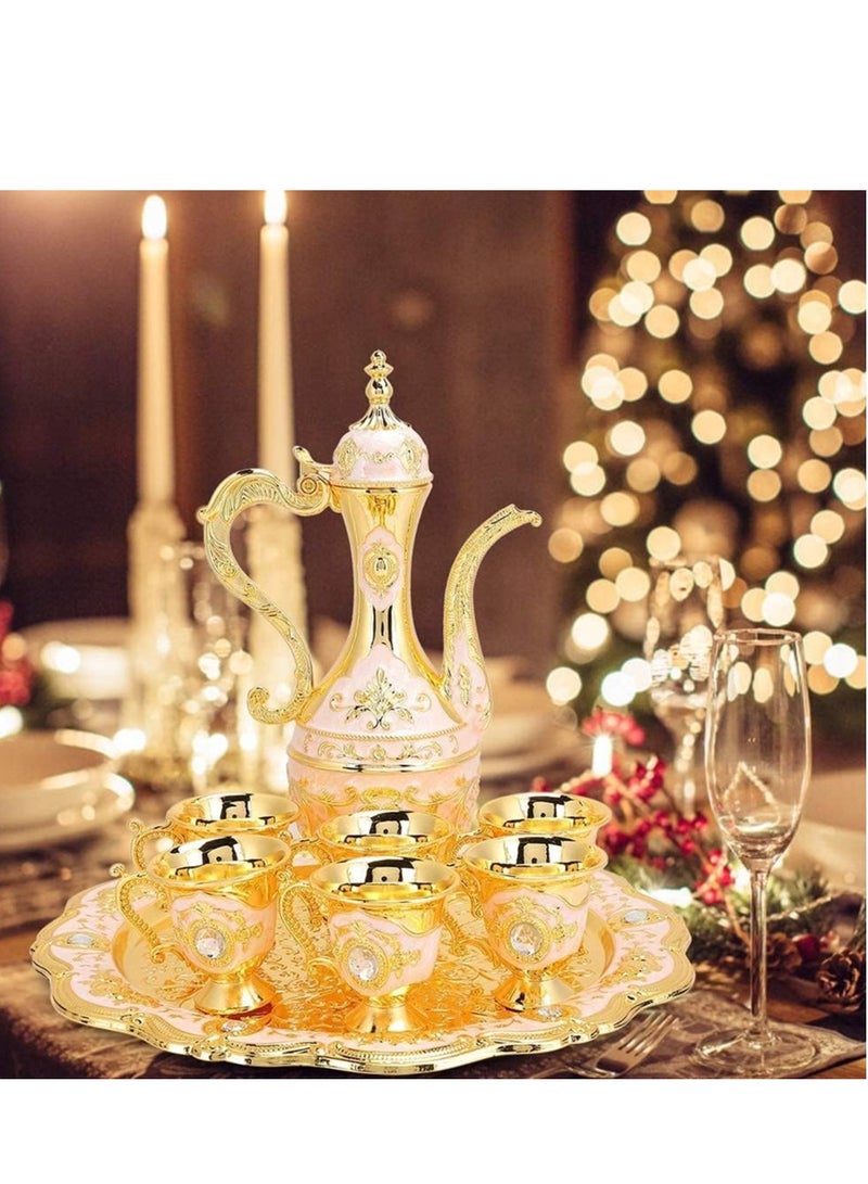 Excefore Turkish Tea Set, Metal Tea Set, Gold Vintage Coffee Set, Decorative Dining Tea Cups, Classic Russian Cup Set, Wedding Gift for Couples, Housewarming Present, Zinc Coffee Pot With 6 Cup And 1 Tray - Image 3