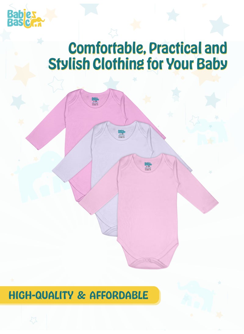 Babies Basic BabiesBasic 100% Super Combed Cotton, Long Sleeves Bodysuit, for New Born to 24months. Set of 3, Pink, Lavender, L.Pink - Image 5