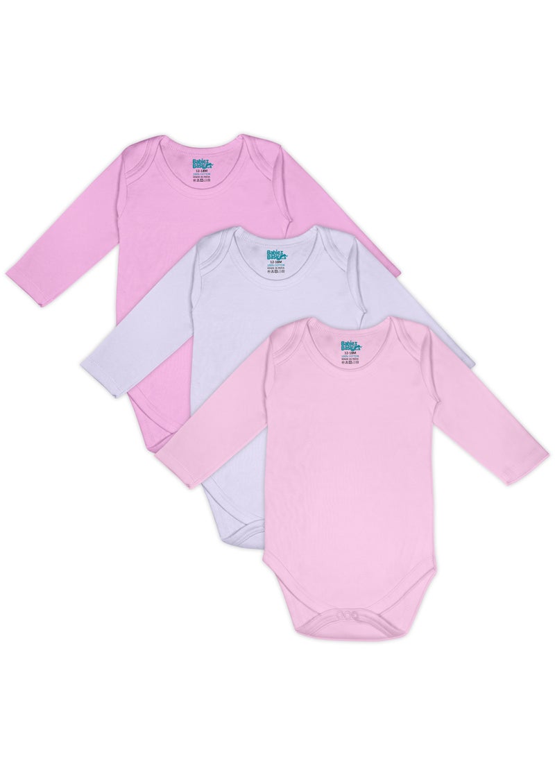 Babies Basic BabiesBasic 100% Super Combed Cotton, Long Sleeves Bodysuit, for New Born to 24months. Set of 3, Pink, Lavender, L.Pink - Image 1