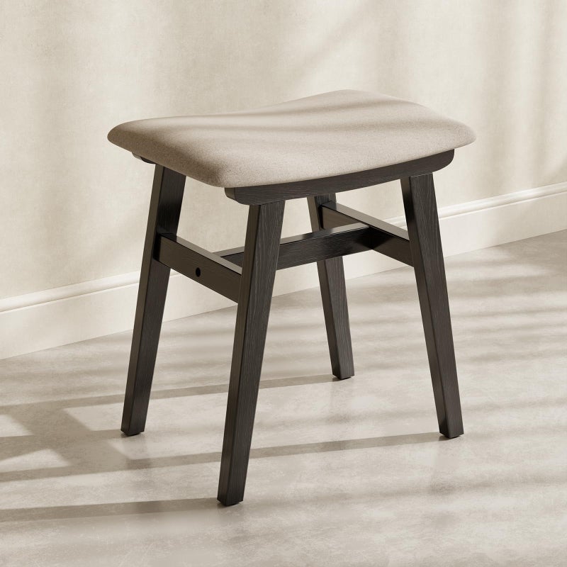 Muwuele Solid Wood Vanity Stool, Compact Makeup Chair with Saddle Cushion, Linen-Covered High Rebound Sponge Seat, Easy Assembly Footstool for Bedroom, Entryway, Home, Black - Image 1