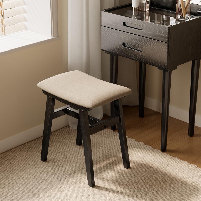 Muwuele Solid Wood Vanity Stool, Compact Makeup Chair with Saddle Cushion, Linen-Covered High Rebound Sponge Seat, Easy Assembly Footstool for Bedroom, Entryway, Home, Black - Image 3